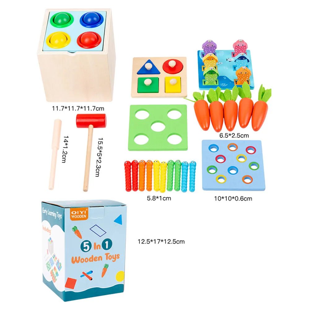 5-in-1 wooden educational activity cube dimensions and accessories