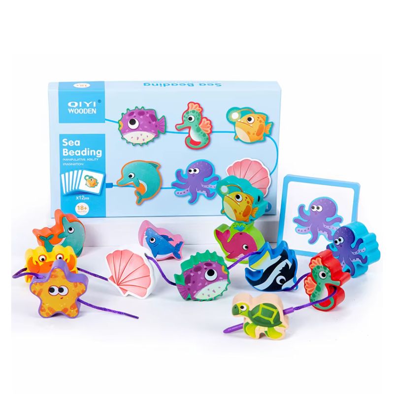 Wood Blocks Beading String Game with 12 Matching Puzzle Cards