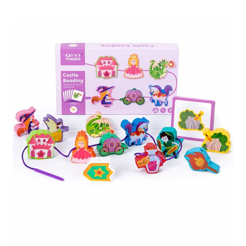 Wood Blocks Beading String Game with 12 Matching Puzzle Cards