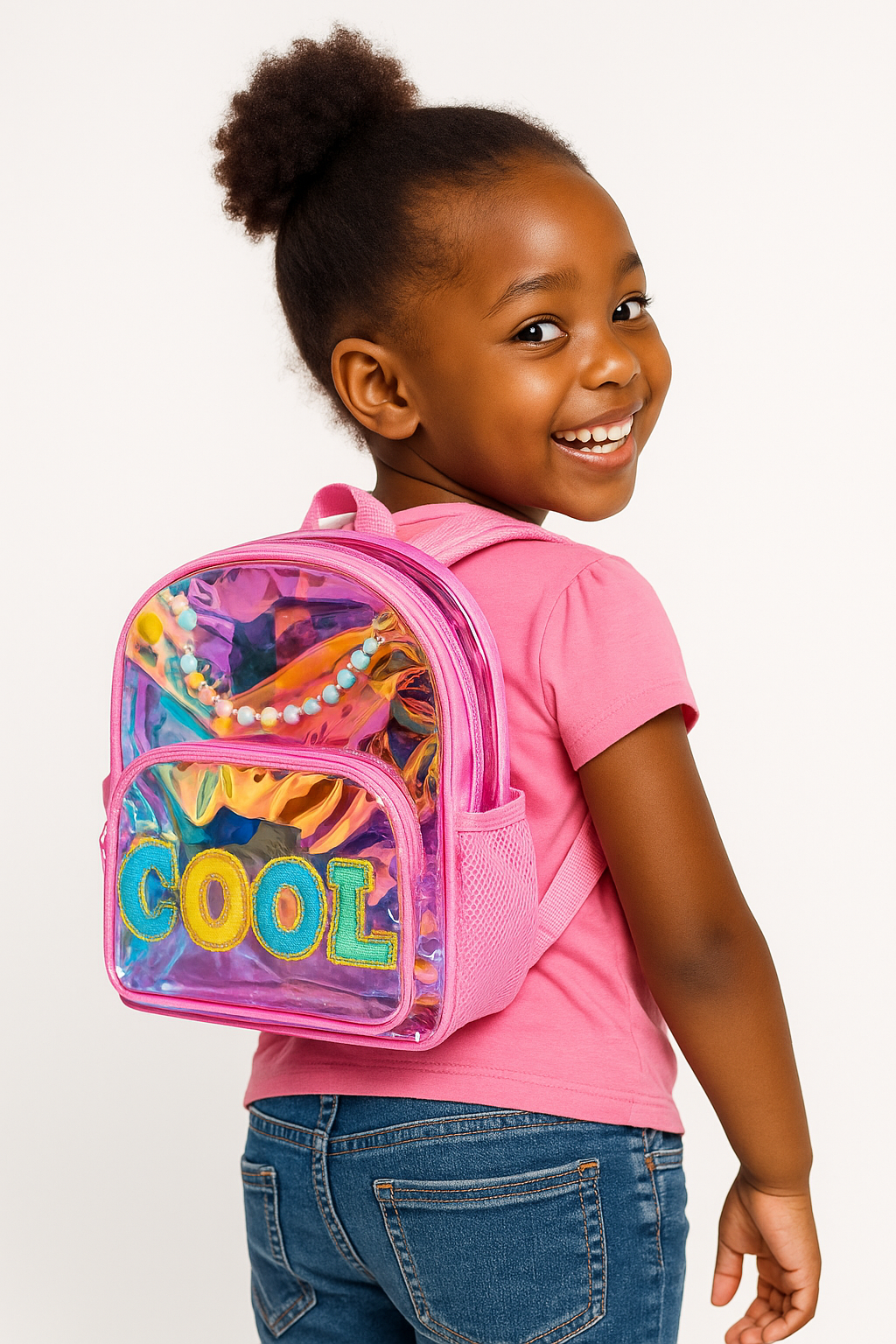 Holographic Backpack – Pink Beaded Style For Girls