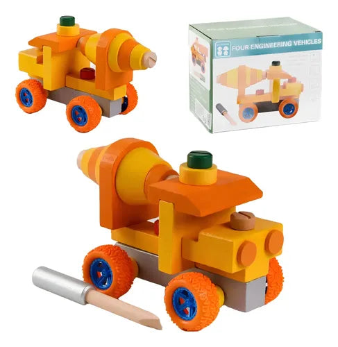Wooden Construction Engineering Vehicle DIY Assembly Toy with Screwdriver