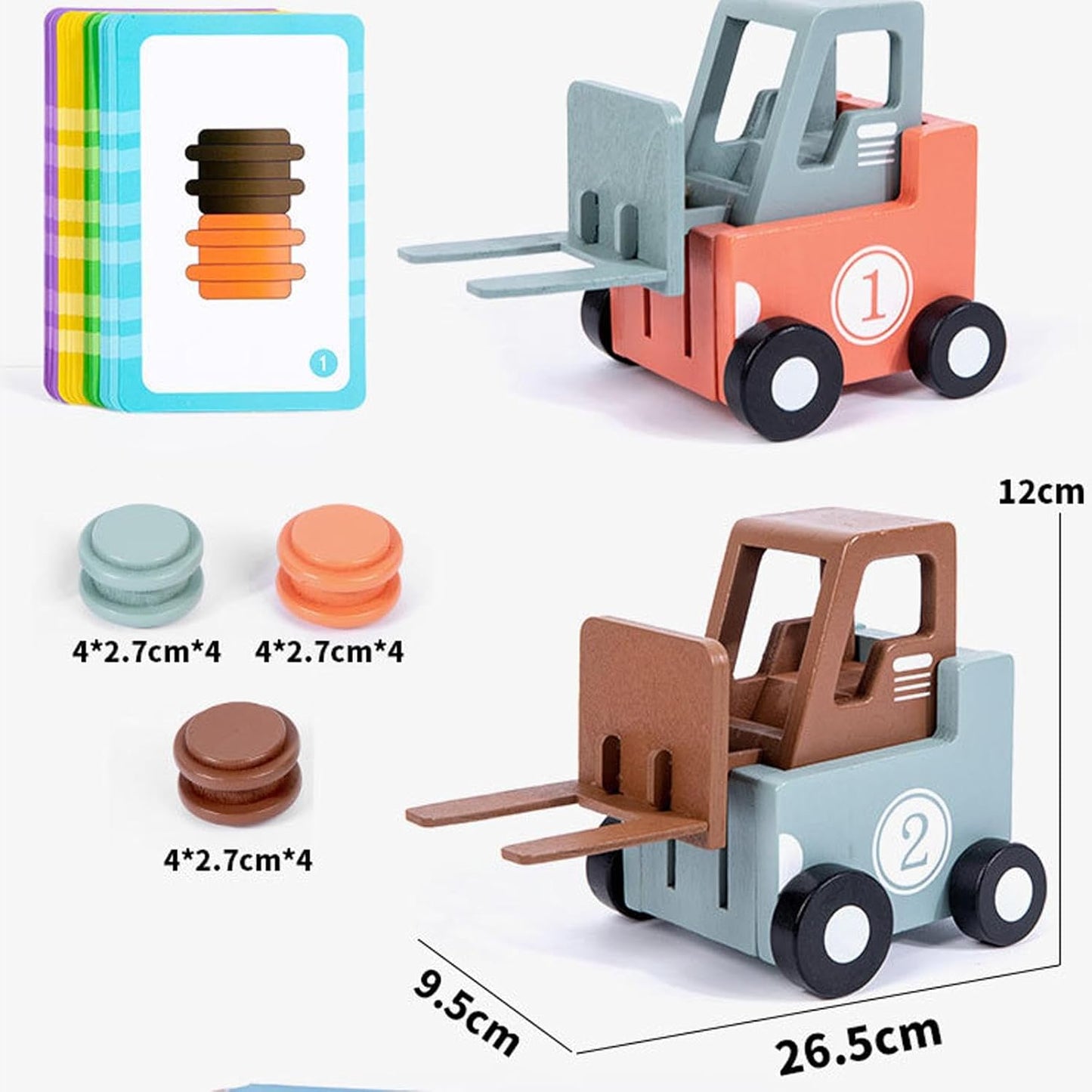 Wooden toy forklifts with colorful attachments and measurements on a white background