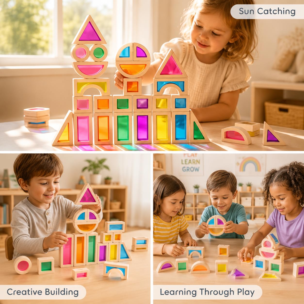 Children playing with colorful wooden building blocks in a classroom setting.