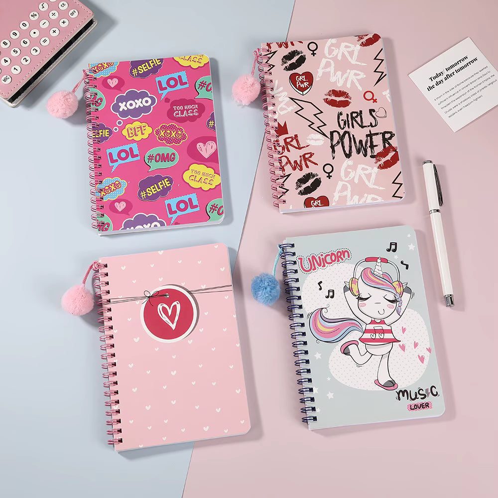 Pom-pom spiral notebooks for kids in LOL XOXO, Girl Power, Unicorn and Love Heart designs