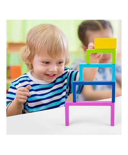 Rainbow Building Block Box – Wooden Geometric Shapes Stacking & Balancing Puzzle Toy