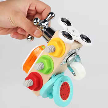 Wooden Busy Screws and Nuts Set with bolts, nuts, toy wrench, screwdriver, gears and faucet handle for fine motor skill development and Montessori learning.