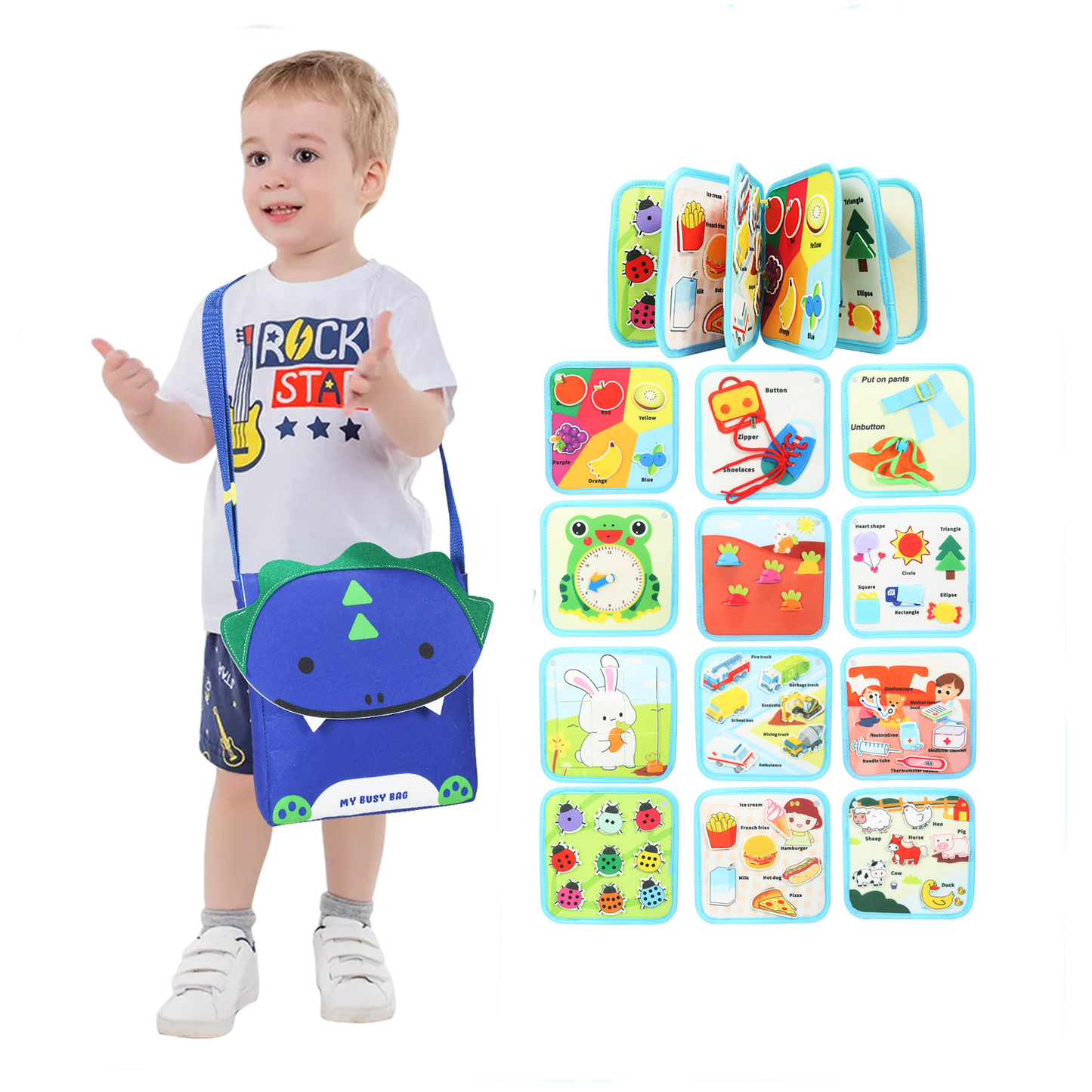 Busy Crossbag with Felt Pages - Blue Dino