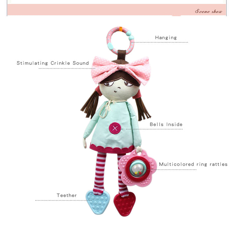 Girl Hanging Baby Teether Rattle with Crinkle & Bell – Stroller & Cot Toy
