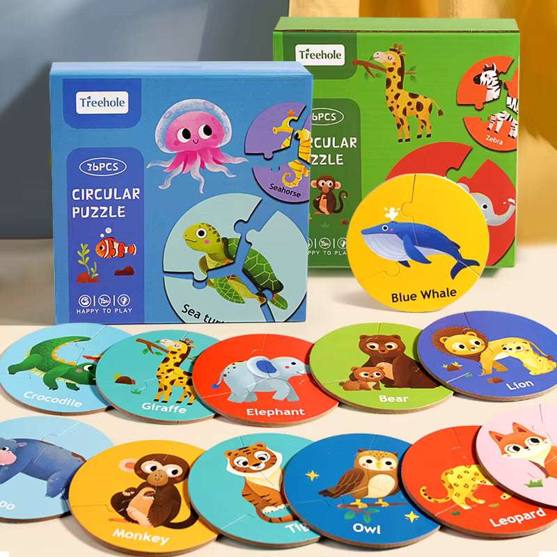 Children's circular puzzles with animal illustrations and packaging on a wooden surface.
