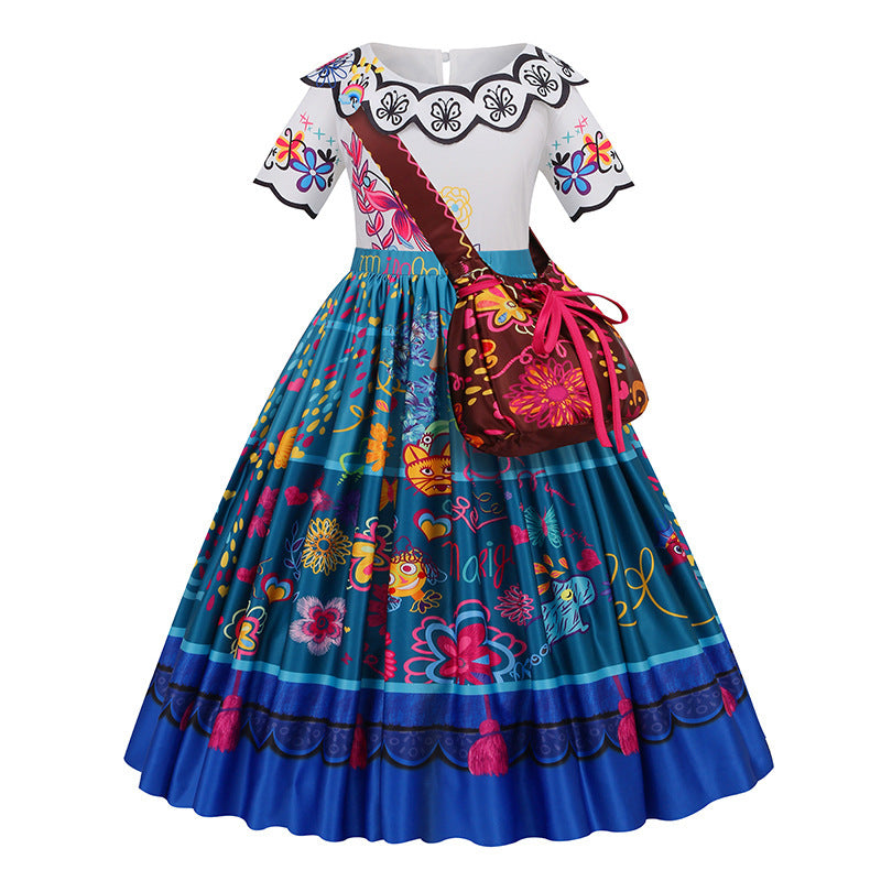 Encanto-Inspired Girls Costume Dress with Shoulder Bag – Magical Madrigal Style