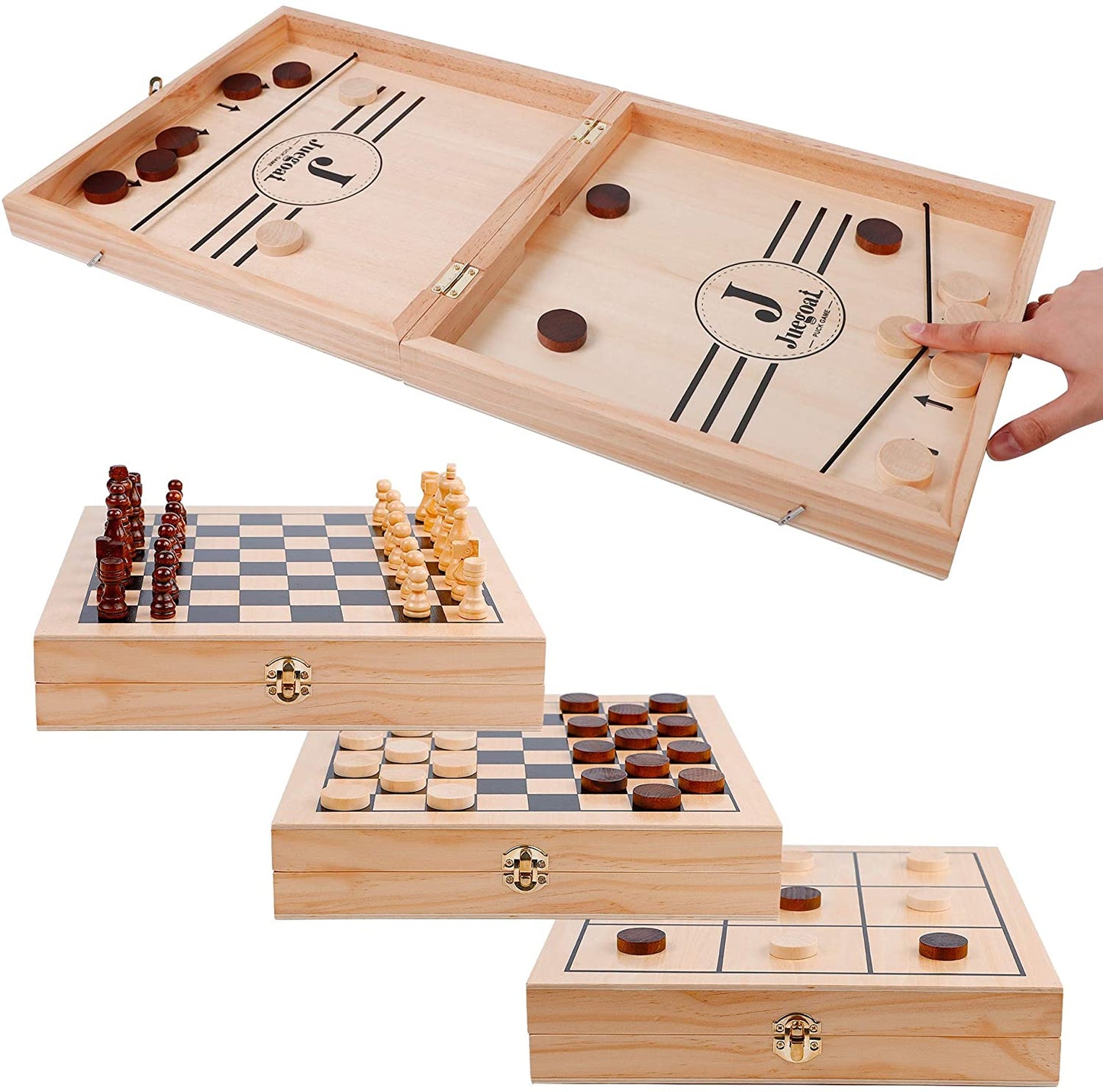 4-in-1 Wooden Board Game Set – Chess, Checkers, Tic Tac Toe & Fast Sling Puck