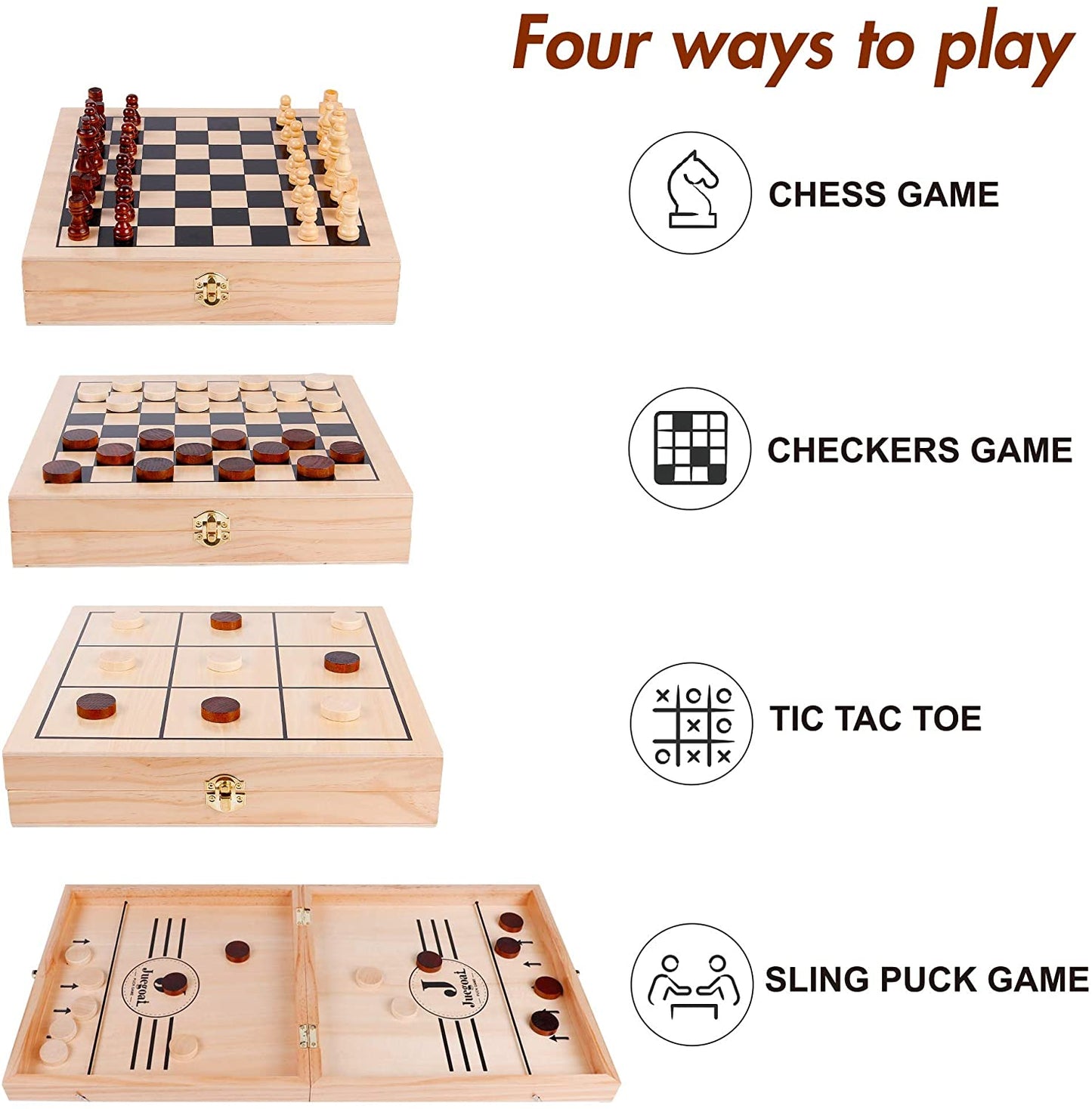 4-in-1 Wooden Board Game Set – Chess, Checkers, Tic Tac Toe & Fast Sling Puck