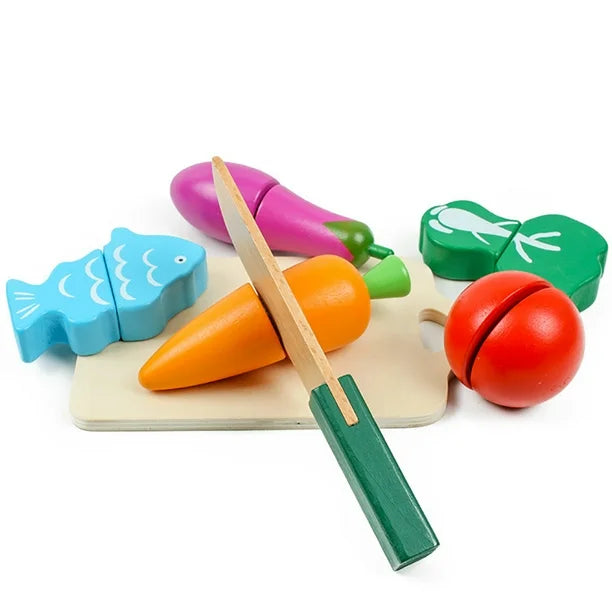 Wooden Fruit & Vegetable Cutting Toy Set – 11 Pieces with Knife & Storage Bucket