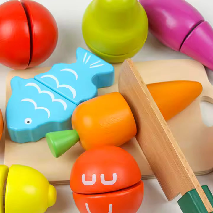 Wooden Fruit & Vegetable Cutting Toy Set – 11 Pieces with Knife & Storage Bucket