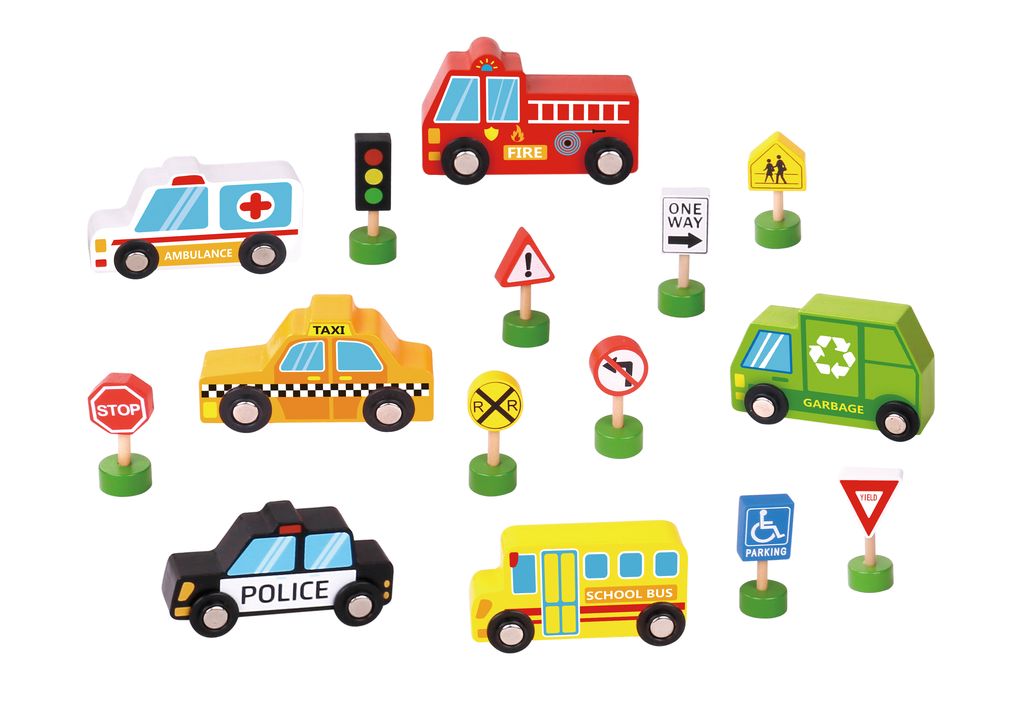 Wooden Emergency Vehicles & Road Sign Set – 20pcs