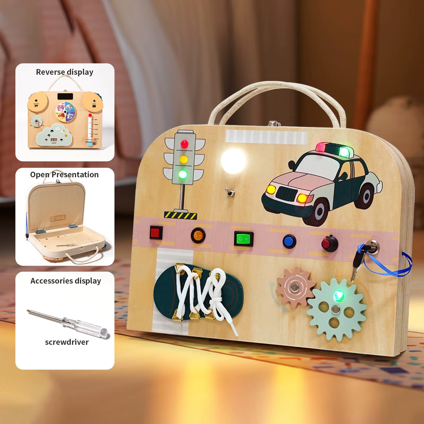 LED Busy Board Activity Case and Drawing Board | Montessori Sensory Learning Board with Lights, Switches & Fine Motor Activities