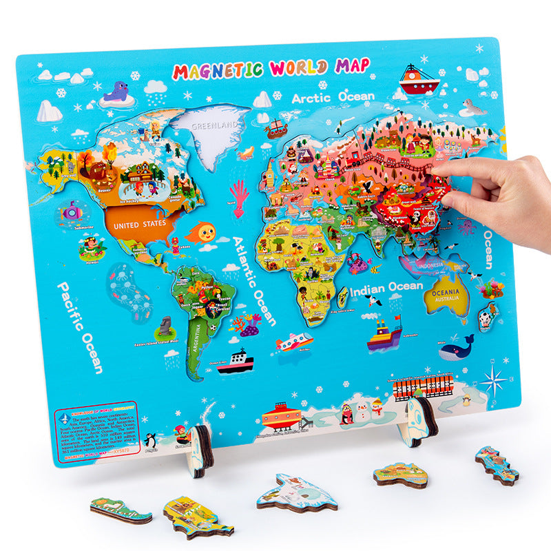 Wooden Magnetic Map Puzzle and Countries facts /flag and flashcards – World Geography for Kids