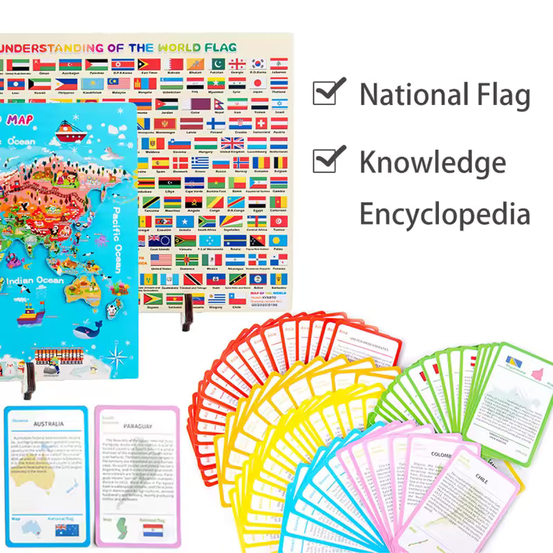 Wooden Magnetic Map Puzzle and Countries facts /flag and flashcards – World Geography for Kids