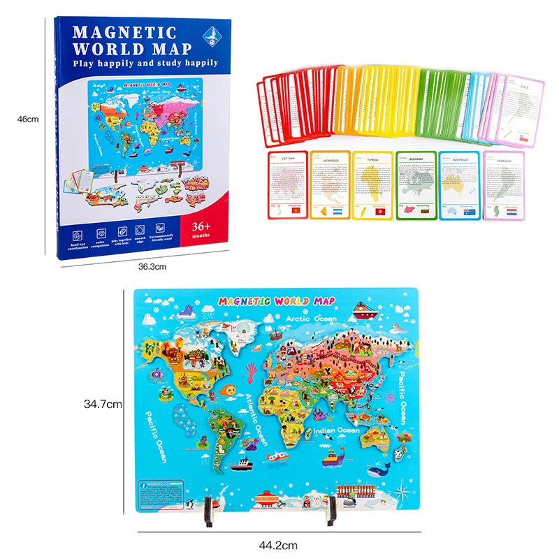 Wooden Magnetic Map Puzzle and Countries facts /flag and flashcards – World Geography for Kids
