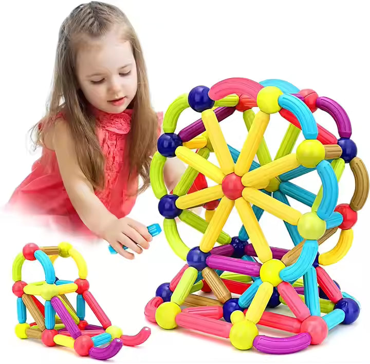 66 PCS Magnetic Balls and Rods Building Sticks Blocks Set Vibrant Colors Different Sizes Curved Shapes Children Educational Stacking STEM Magnet Toys for Kids Age 3+