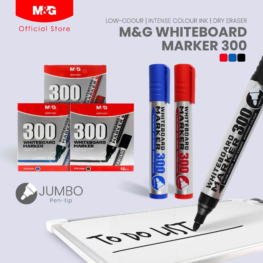 M&G Whiteboard Marker 300 Jumbo Tip AWMY22R2 - Low-Odour, Intense Colour