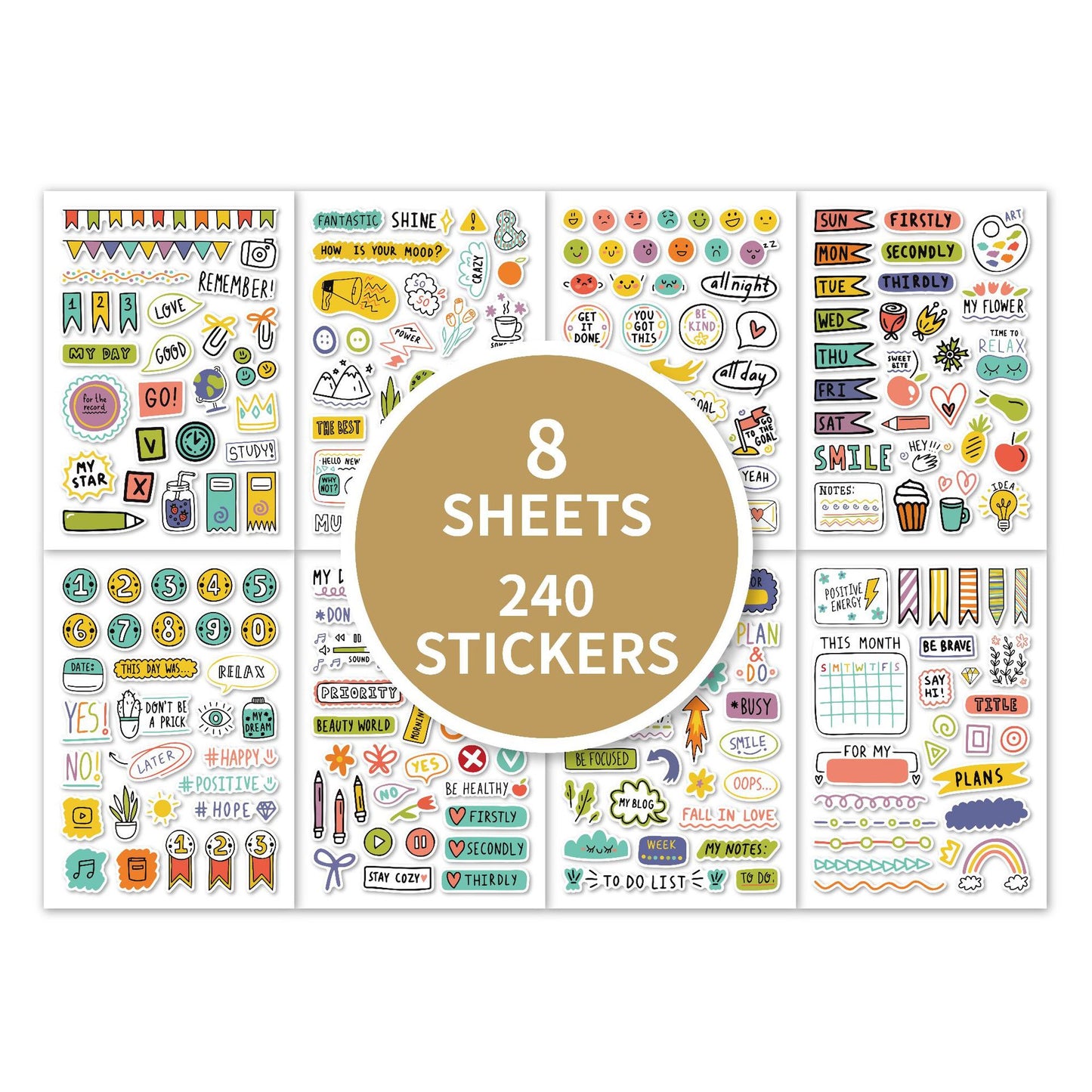 Daily Planner Sticker Set – 240 Fun & Functional Stickers (8 Sheets)