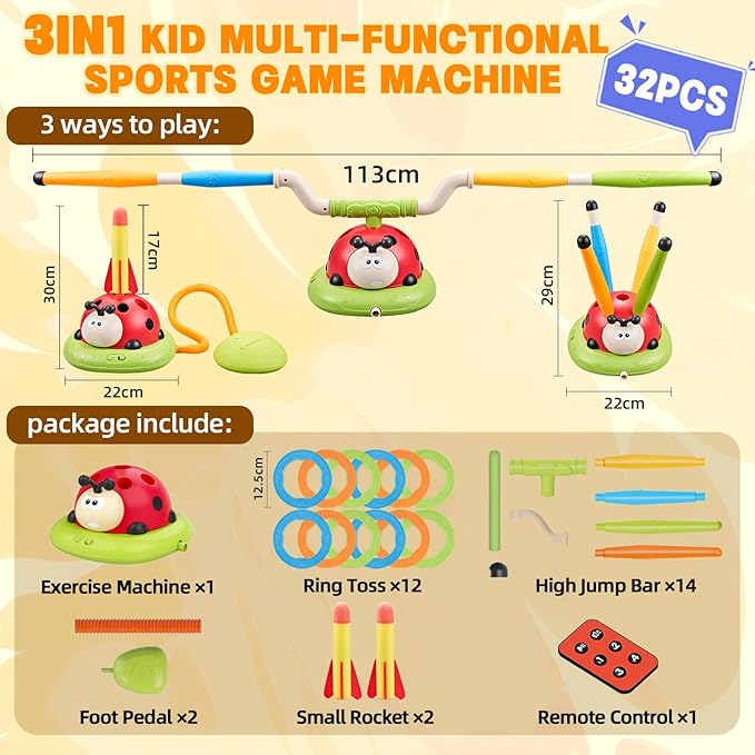 3-in-1 Kids Outdoor Sports Game Set – Obstacle Course, Rocket Launcher & Ring Toss (Ladybug Theme)