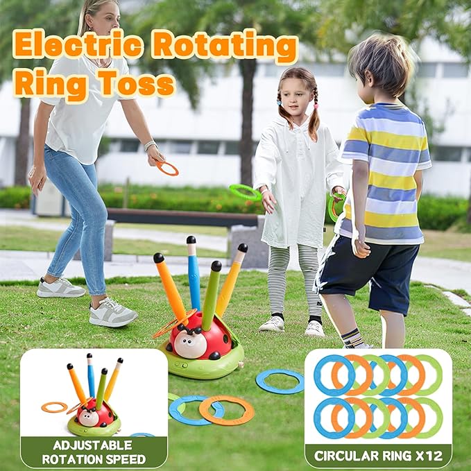 3-in-1 Kids Outdoor Sports Game Set – Obstacle Course, Rocket Launcher & Ring Toss (Ladybug Theme)