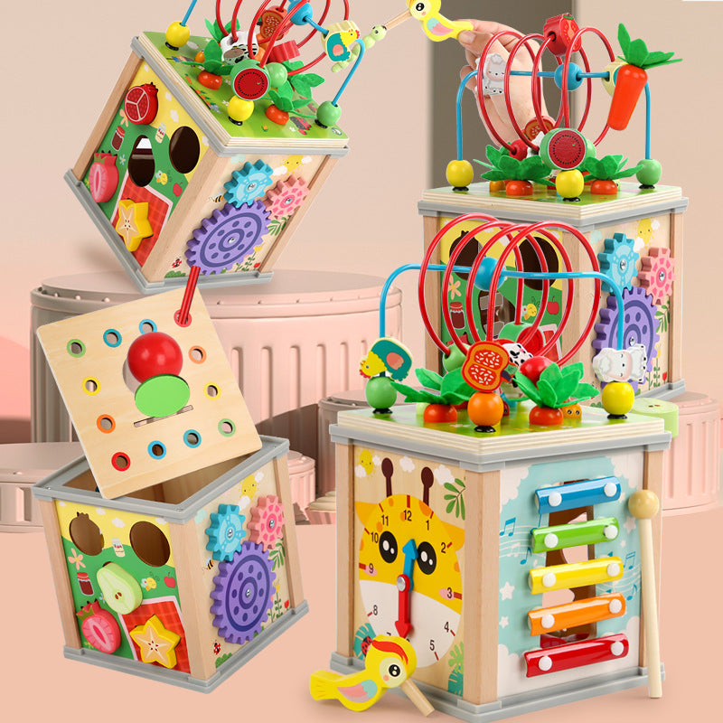 Ten-in-One Treasure Multifunctional Montessori Wooden Activity Learning Box – Beads, Piano, Carrot Pull & Learning Cube