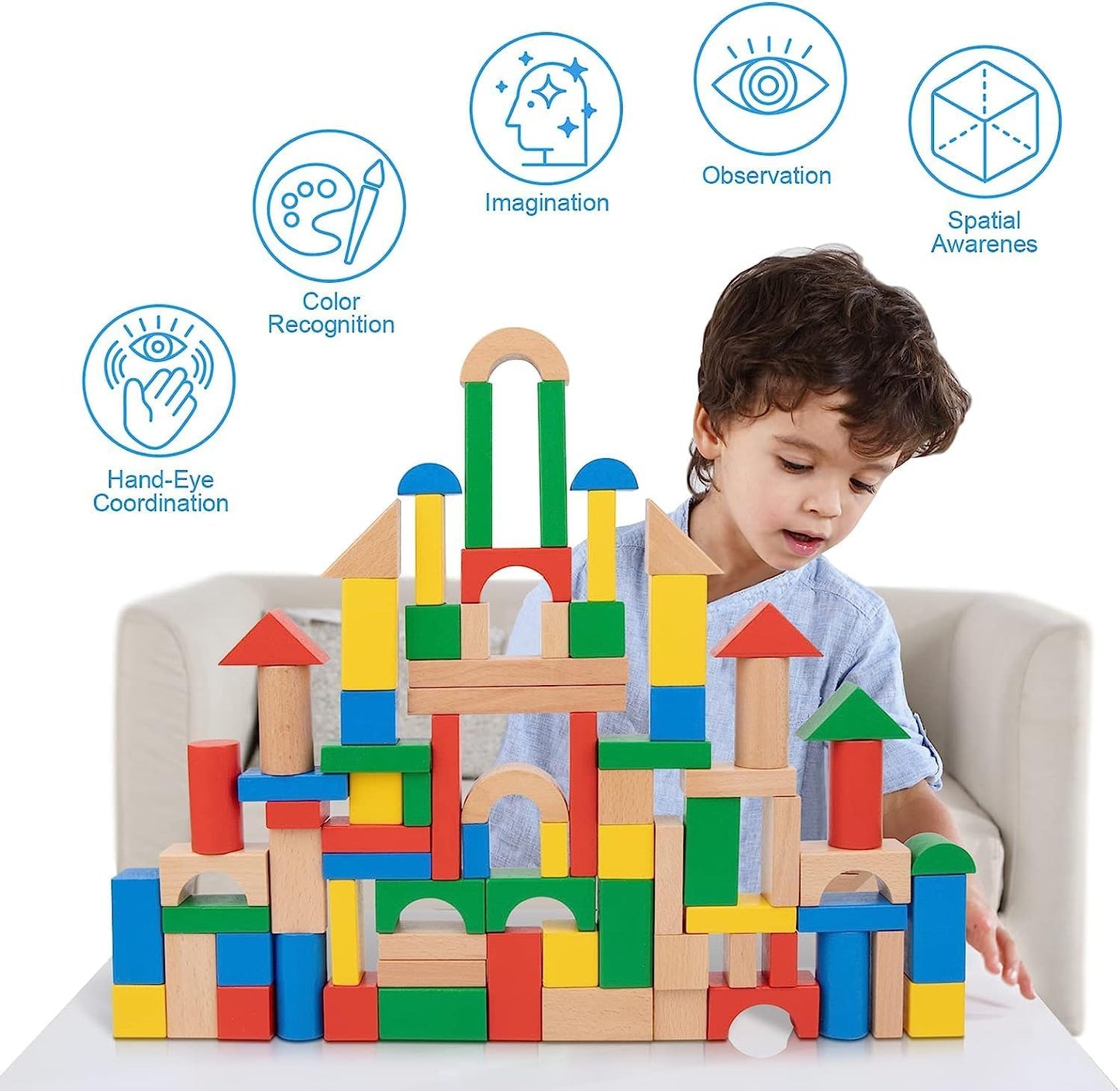 Wooden Blocks in Sorting Bucket – 100pcs with Shapes Lid