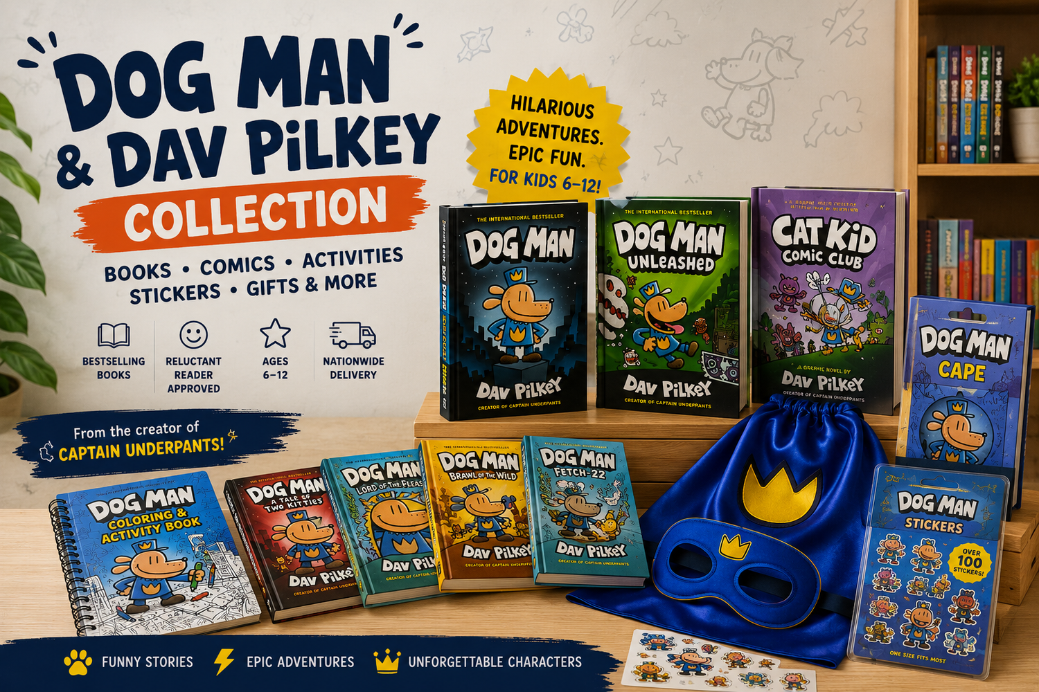 Dog Man and Dav Pilkey books, comics, stickers and gifts collection in Kenya
