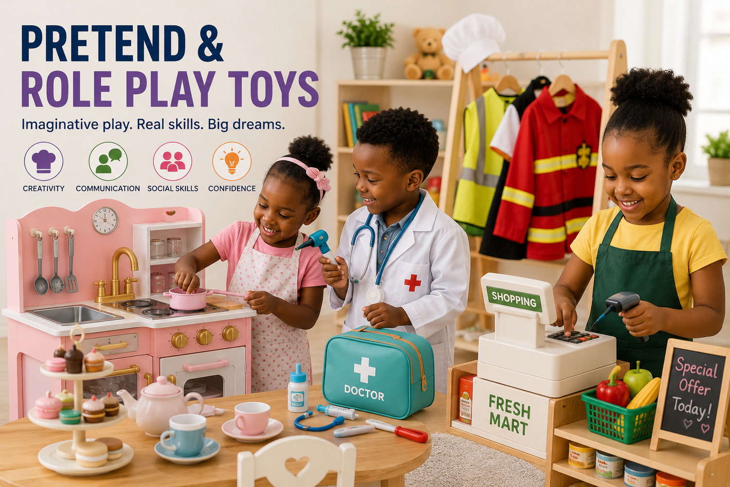 Children engaging in imaginative pretend and role play activities using educational toys including kitchen sets, doctor kits and shopping games.