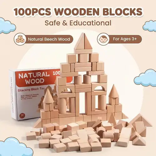 100-Piece Natural Wooden Building Blocks Set | Montessori Construction & STEM Toy