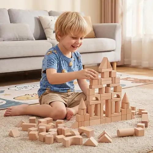 100-Piece Natural Wooden Building Blocks Set | Montessori Construction & STEM Toy