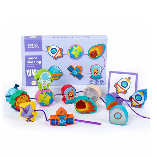 Wood Blocks Beading String Game with 12 Matching Puzzle Cards