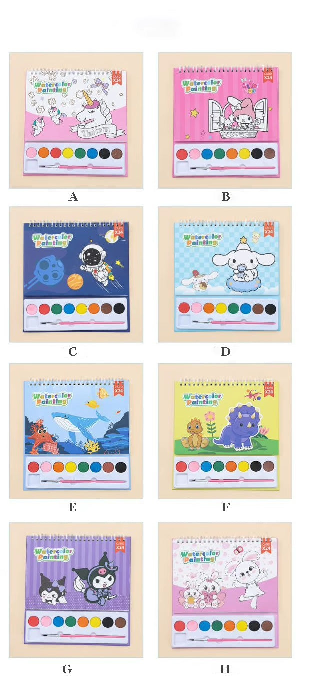 Sanrio Watercolor Painting Book Kit | 24 Coloring Cards with Paint Palette & Brush