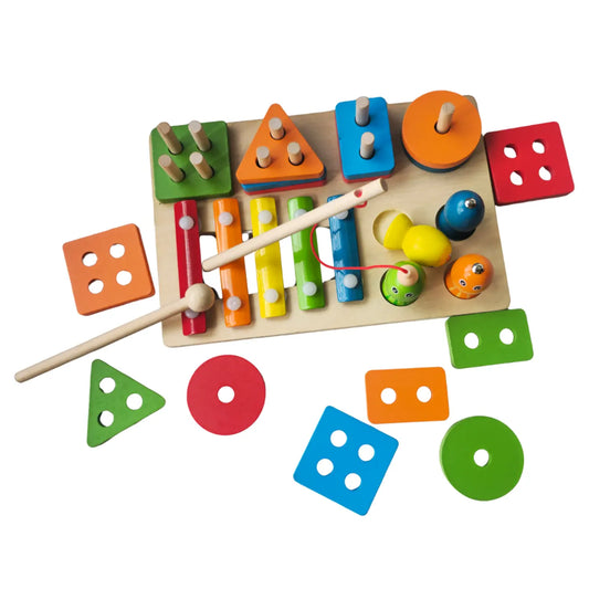 Montessori 3 in 1 three in one column set Multifunctional Wooden Activity Board – Sorting, Stacking & Xylophone