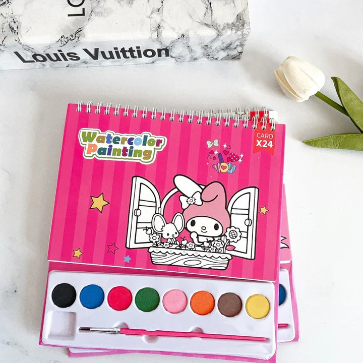 Sanrio Watercolor Painting Book Kit | 24 Coloring Cards with Paint Palette & Brush