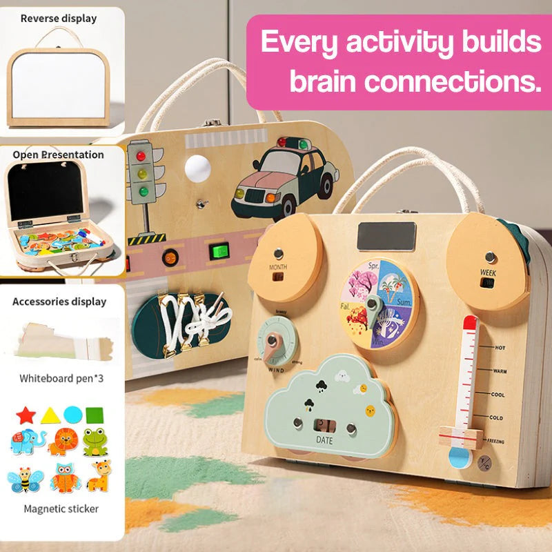 LED Busy Board Activity Case and Drawing Board | Montessori Sensory Learning Board with Lights, Switches & Fine Motor Activities