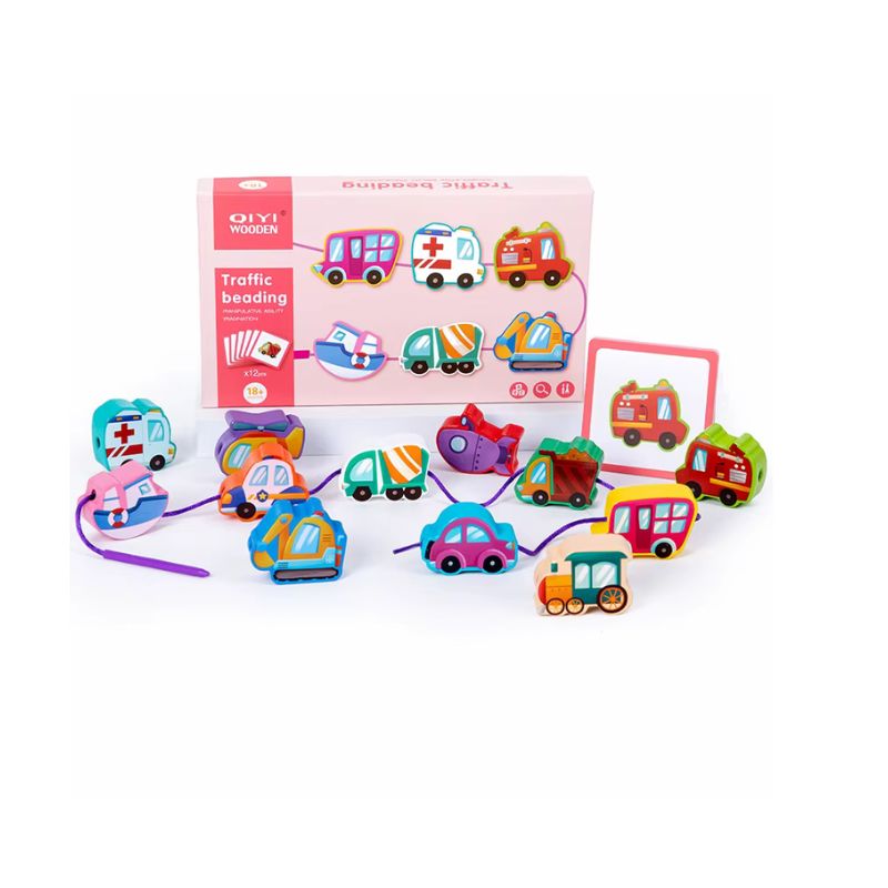Wood Blocks Beading String Game with 12 Matching Puzzle Cards