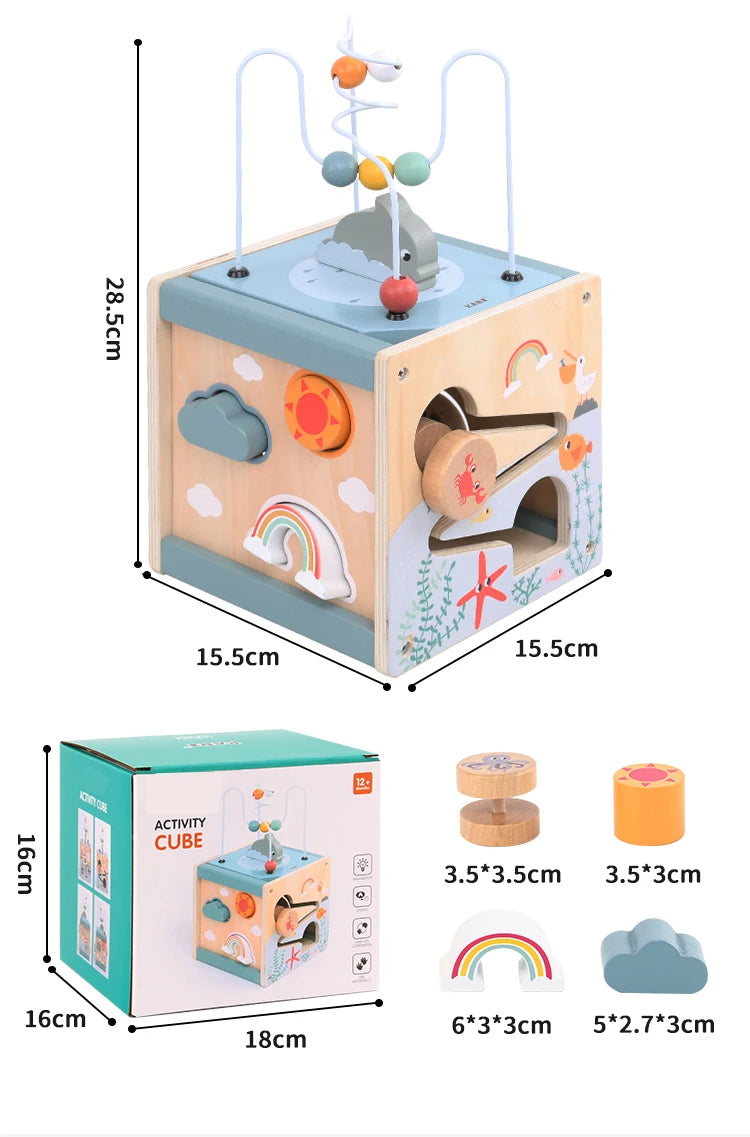 Ocean-Themed Wooden Activity Cube – 5-in-1 Montessori Sensory & Fine Motor Learning Toy