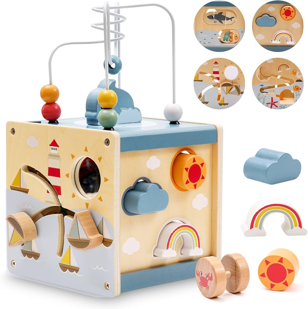 Wooden educational toy with colorful beads and geometric shapes on a white background