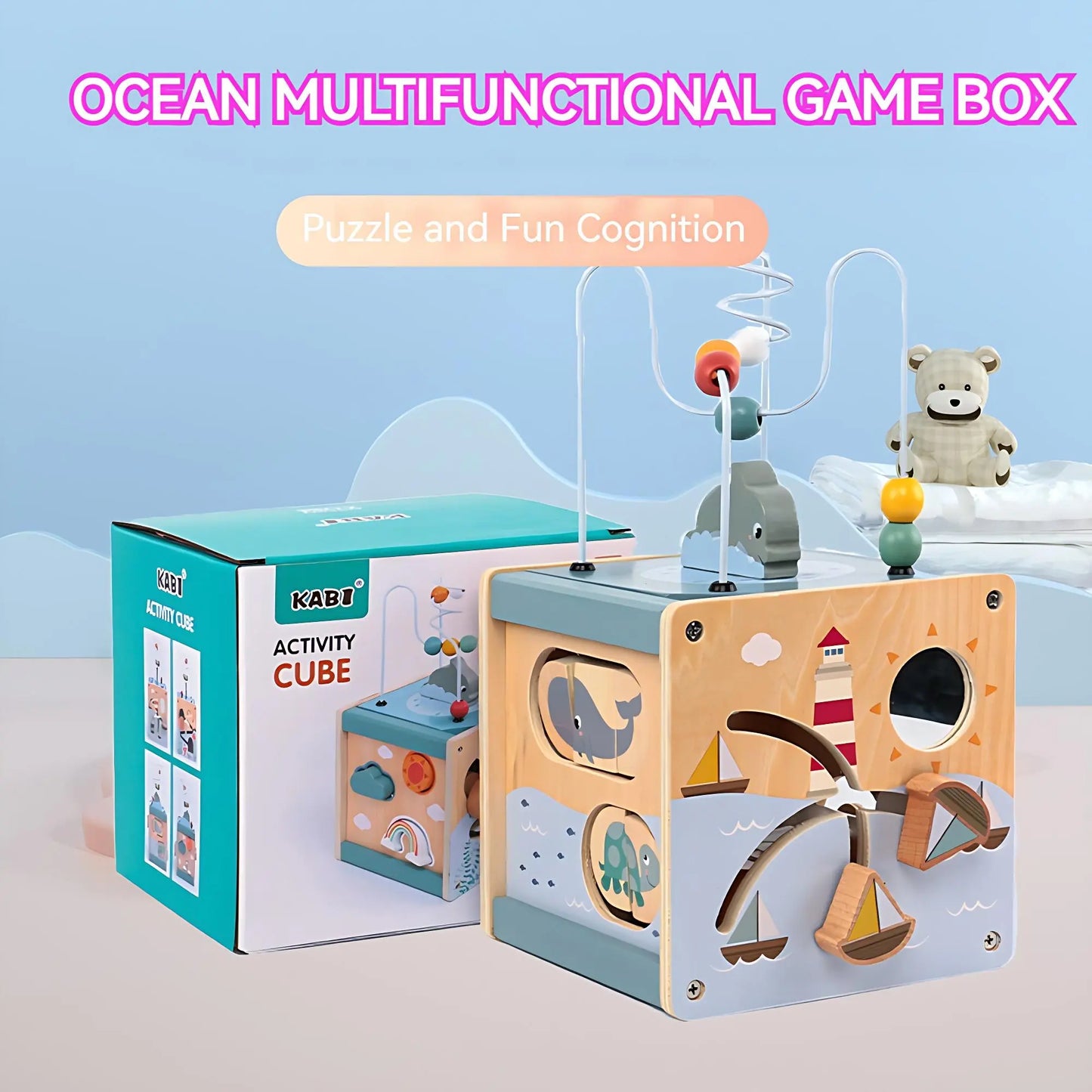 Ocean-themed multifunctional game box with a toy bear and packaging on a light blue background