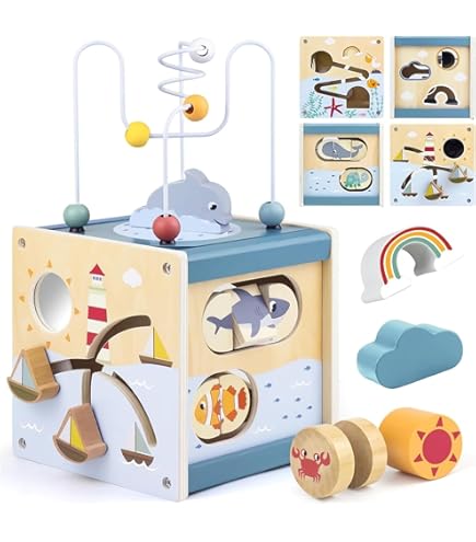 Wooden educational toy with various shapes and patterns on a white background