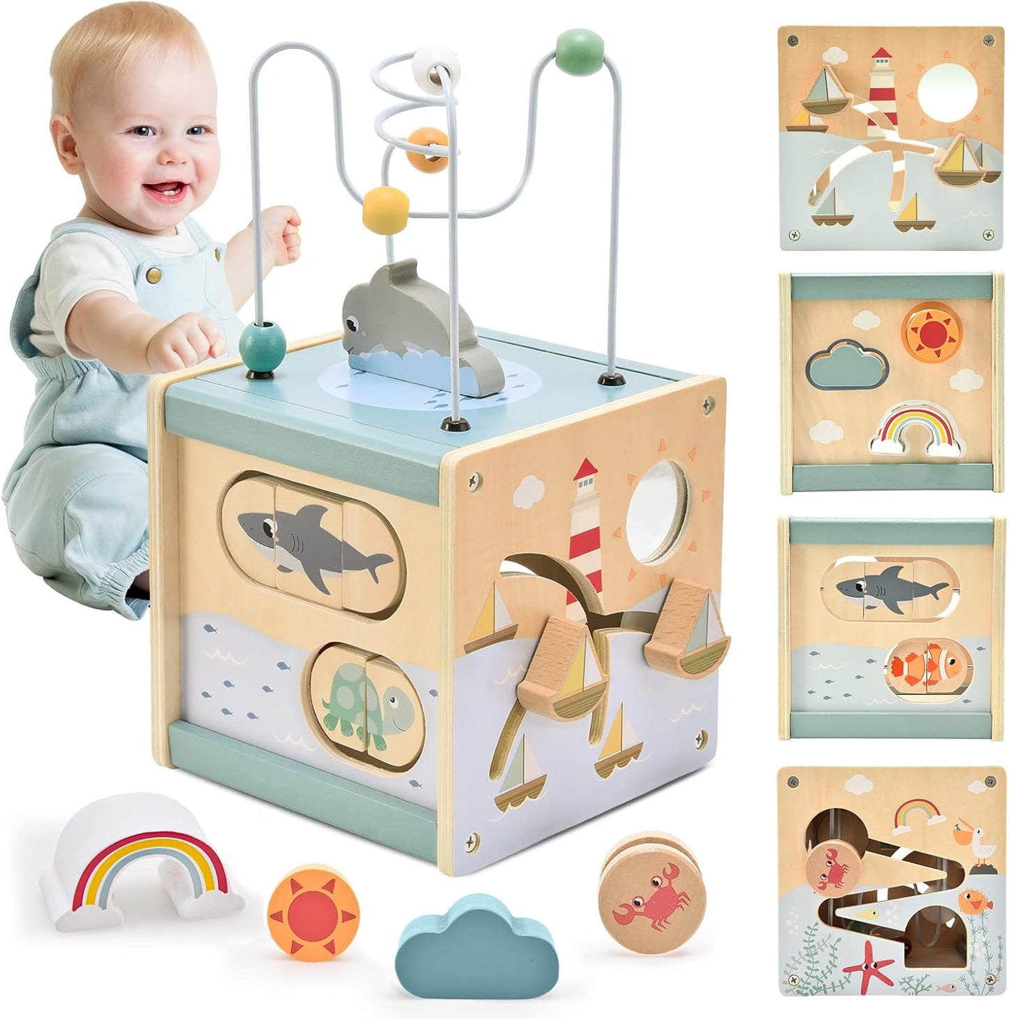 Child playing with a wooden activity cube with various shapes and animals, surrounded by additional wooden toys.