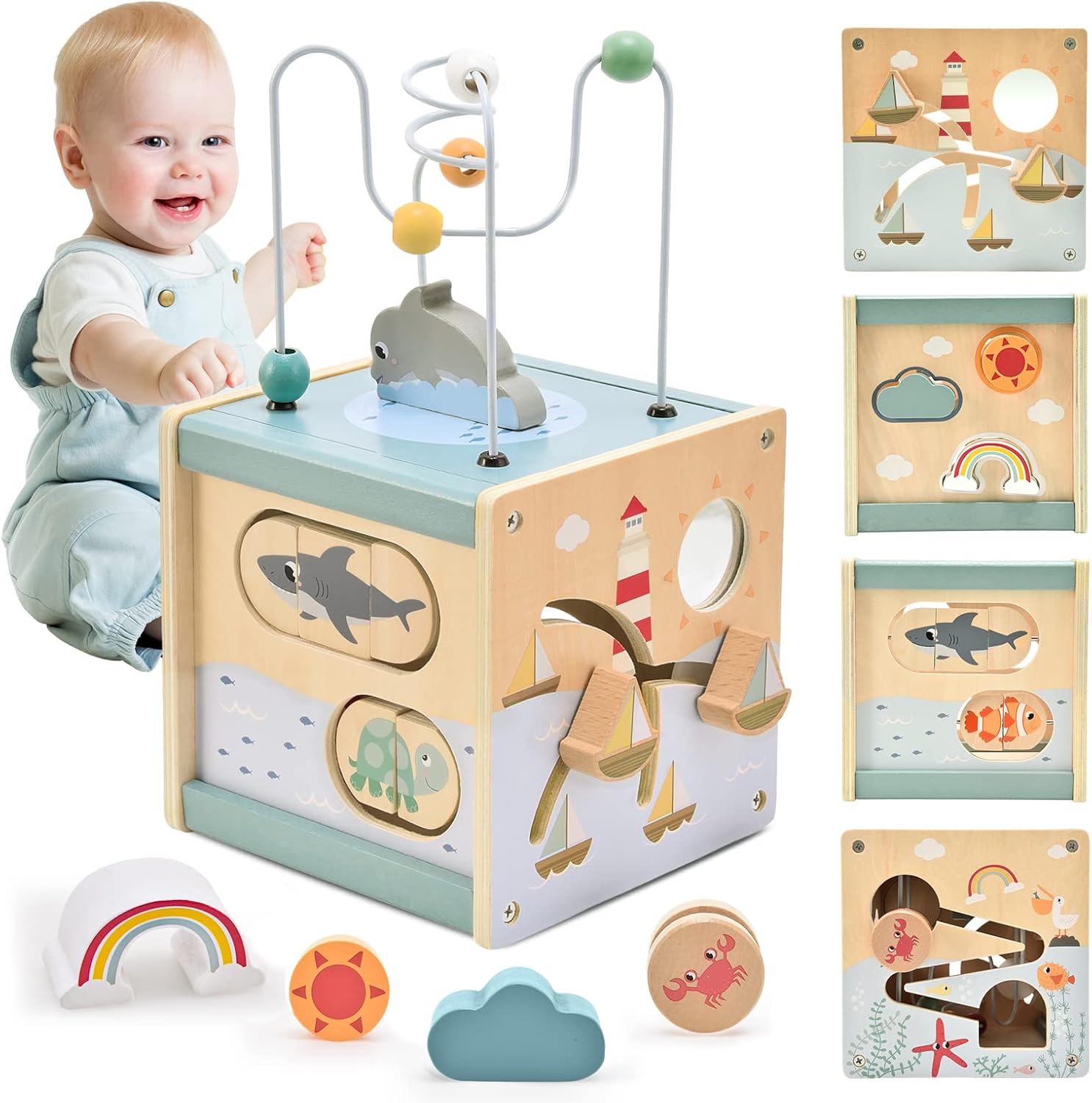 Child playing with a wooden activity cube with various shapes and animals, surrounded by additional wooden toys.