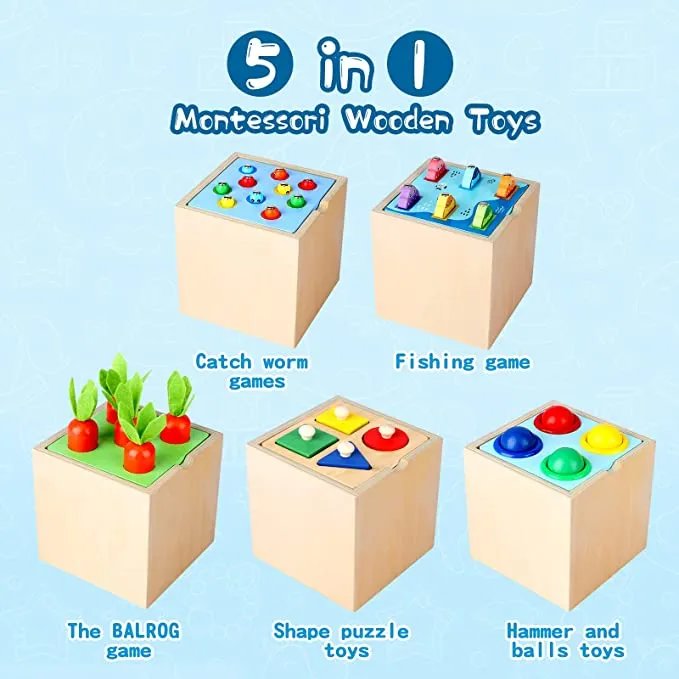Montessori activity cube with fishing game shape sorter and hammer ball toy