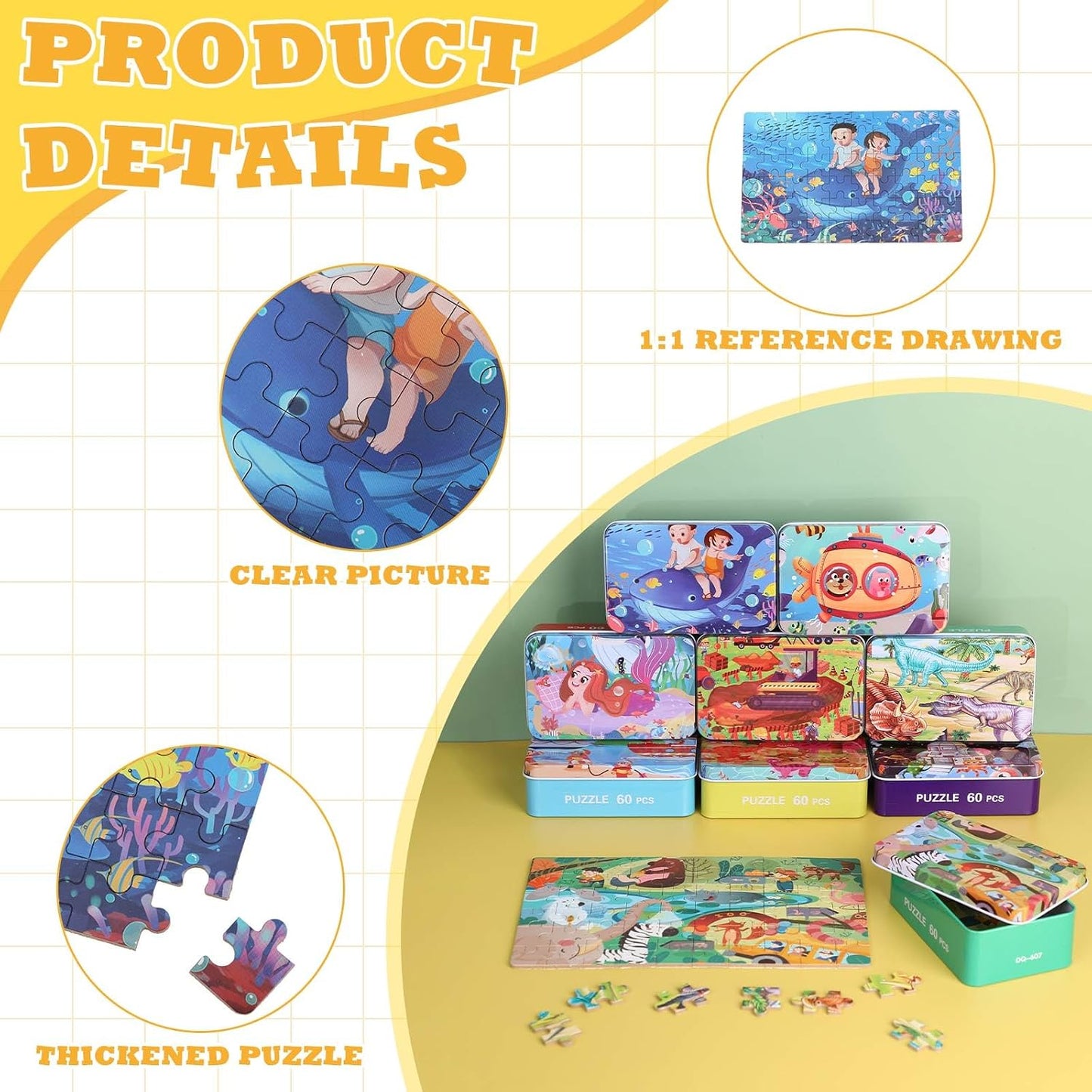 Children's puzzle set with colorful packaging and illustrations on a yellow background