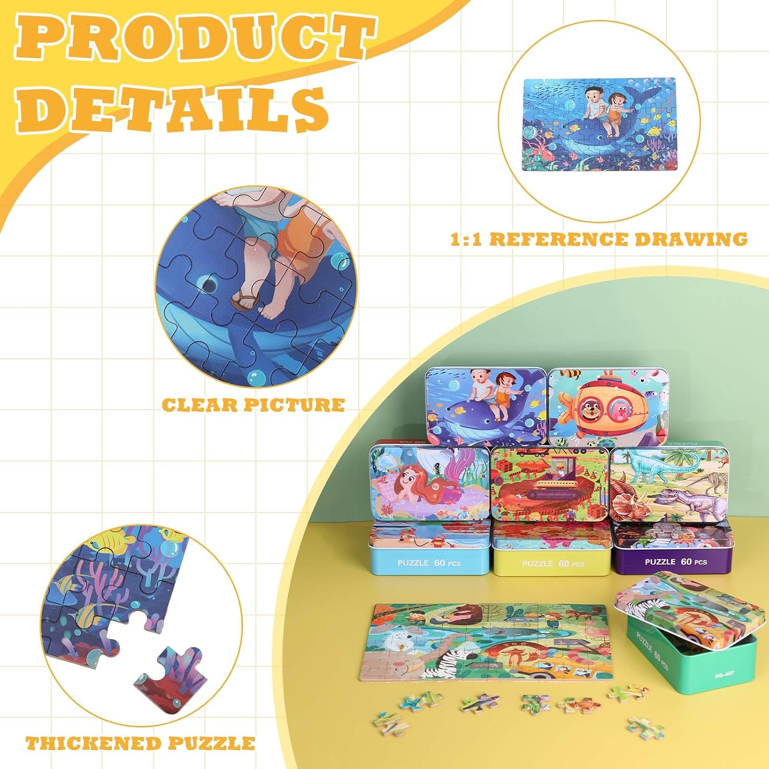 Children's puzzle set with colorful packaging and illustrations on a yellow background
