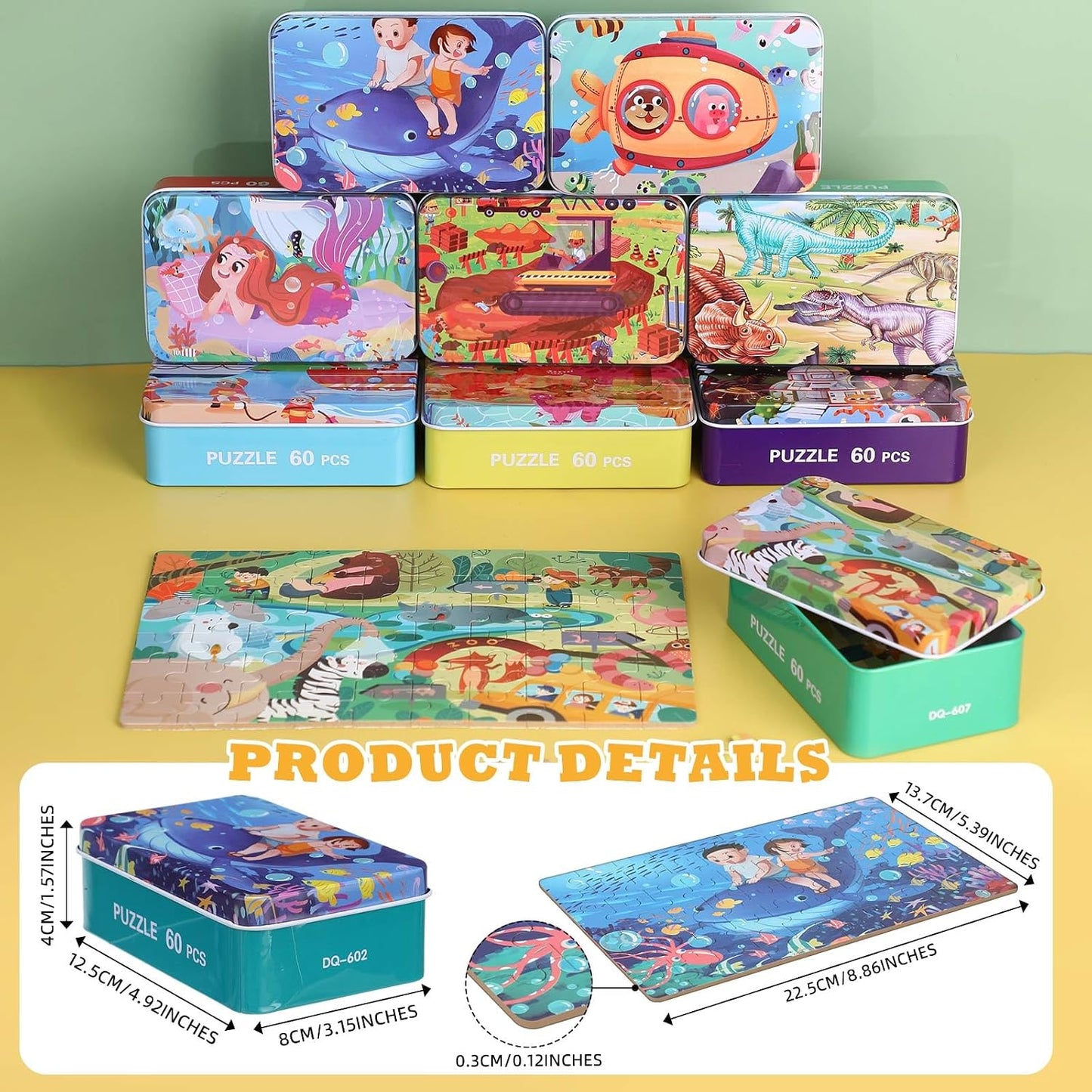 Collection of colorful children's puzzles in tin boxes on a yellow surface with product details overlay.